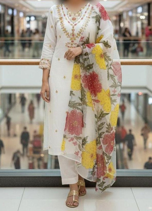 3PC Handmade Organza Dress With Brush Paint Dupatta