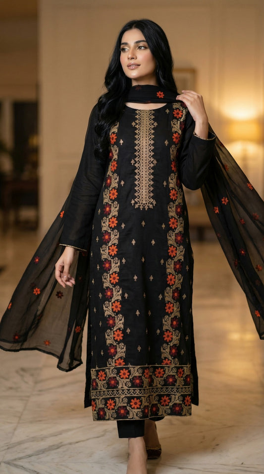 3pc Multi Embroided Dress With Sequence Work