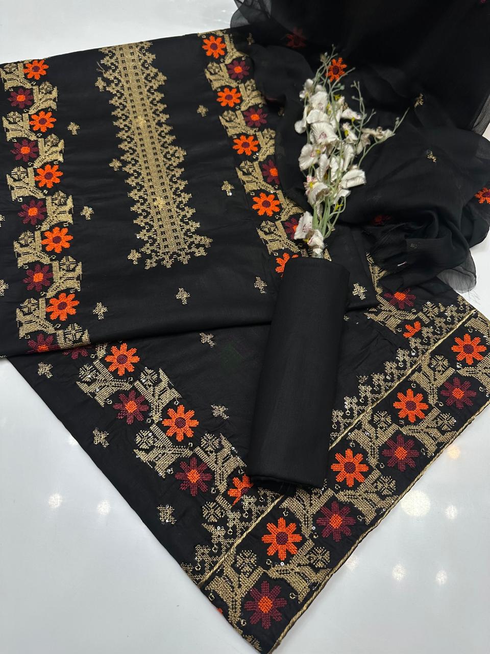 3pc Multi Embroided Dress With Sequence Work