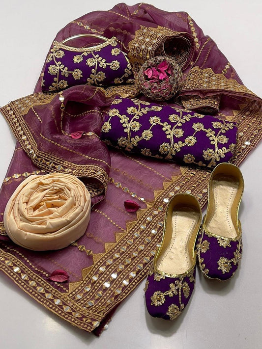 5 PC Embroidered Suit (Khussa & Clutch Free) Purple