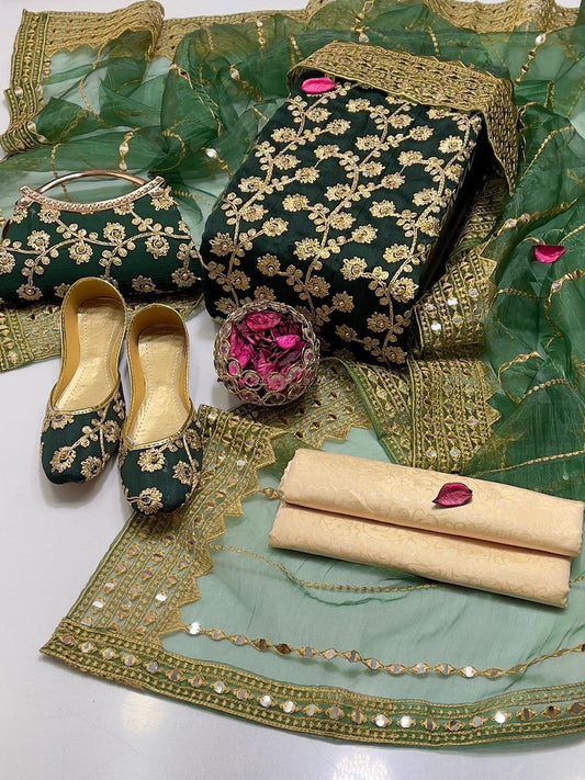 5 PC Embroidered Suit (Khussa & Clutch Free) Green