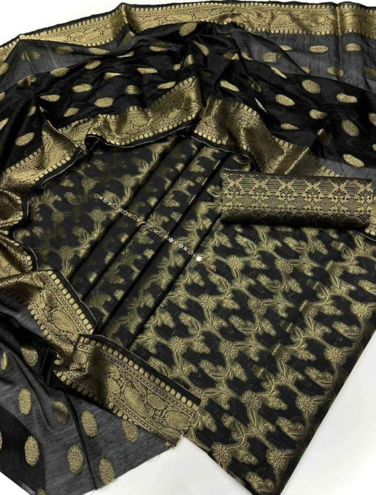 3pc Black Banarsi Style Cotton Jacquard Dress