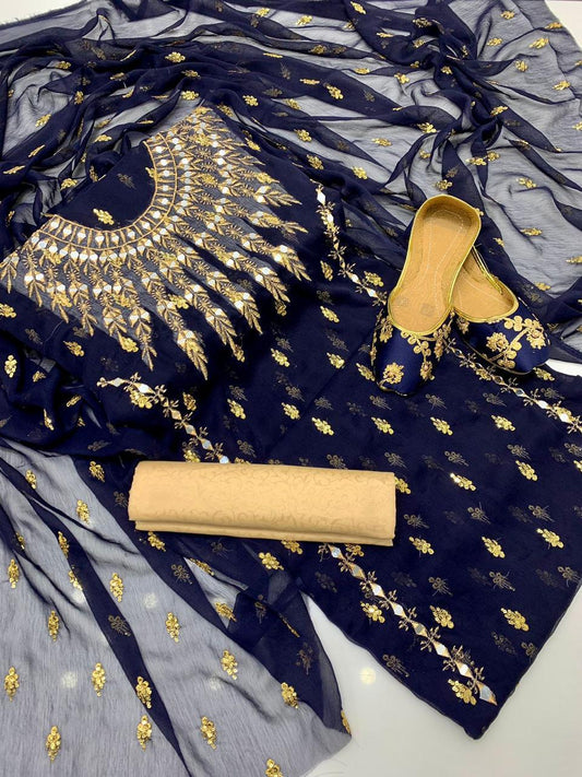4pc Chiffon Booti Work (Khussa Gift) NavyBlue