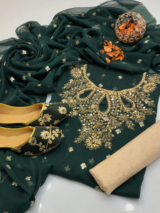 4pc Chiffon Embroidered Suit (Khussa Gift) Green